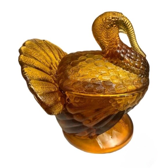 Vintage LE Smith 7” Amber Tom Turkey Glass Lidded Covered Candy Dish MCM 1960s - Picture 2 of 8